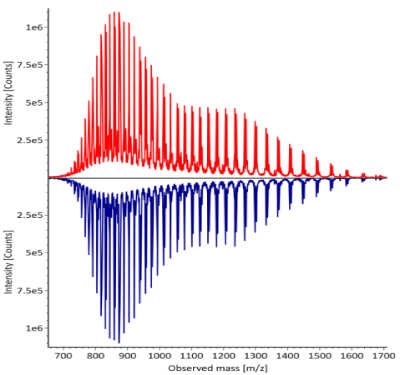 Summed up mass spectra for heavy chain of fully reduced trastuzumab. Red: Innovator; Blue: Biosimilar. Summed up mass spectra for heavy chain of fully reduced trastuzumab. The innovator is represented by a red curve, while the biosimilar is depicted by a blue curve, with intensity measured in counts on the y-axis and observed mass on the x-axis.